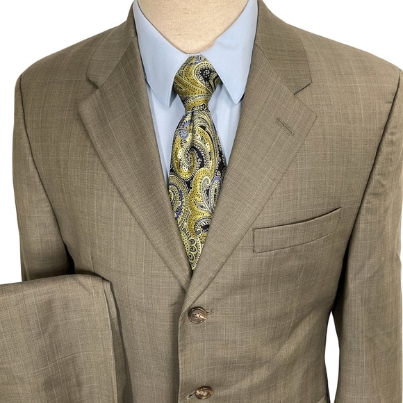 Ralph Lauren Mens Suit 39R 32W 29L Olive Green Tan Glen Plaid 3 Button Wool